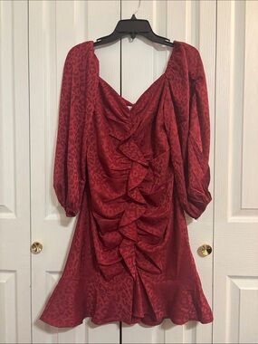 She + Sky Red Leopard-Print Ruched Puff-Sleeve Dress